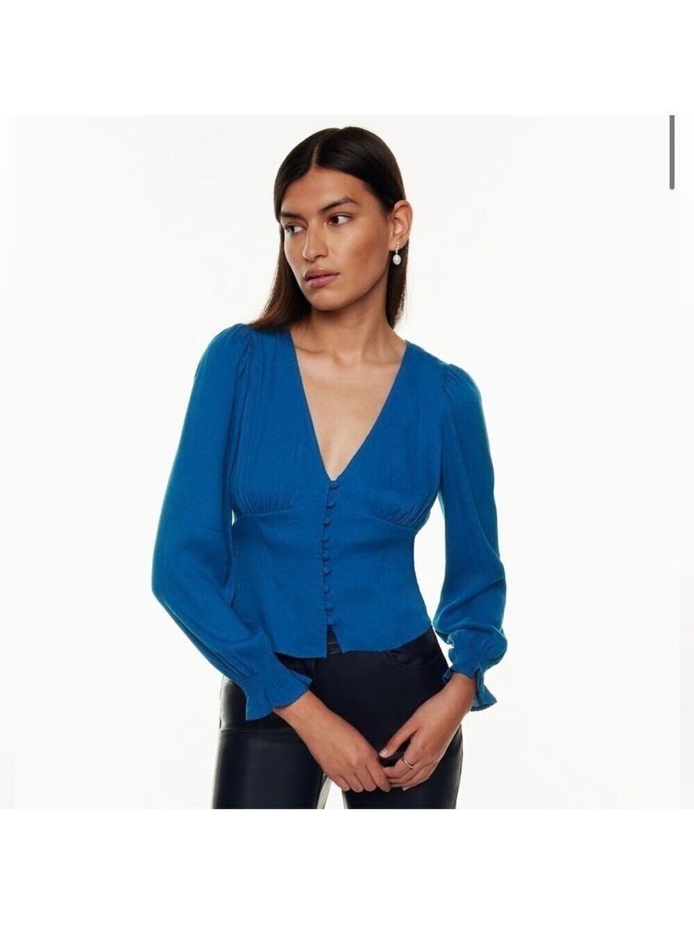 Aritzia Wilfred Spellbound Blouse V-neck Top Ultramarine Blue Size Medium